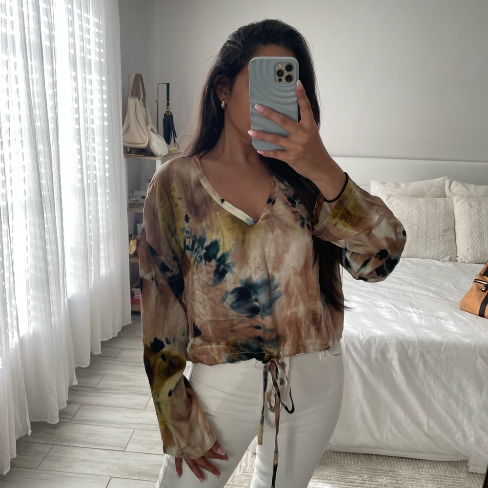 ZARA Multicolor Abstract Drawstring Blouse | V-Neck Long Sleeve Top | Small
